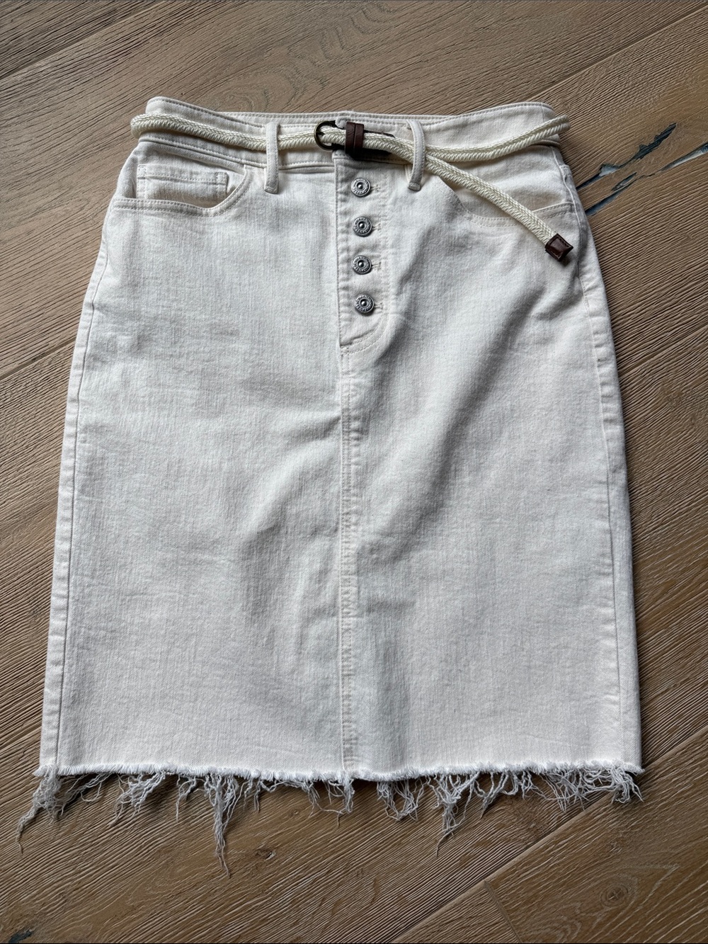 Banana Republic Cream Denim Pencil Skirt with Frayed Hem